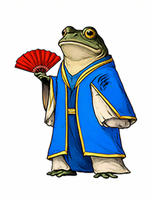 Frog in blue kimono with fan